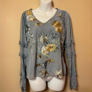 Tiny by Anthropologie Embroidered floral dusty blue Boho long sleeve Blouse